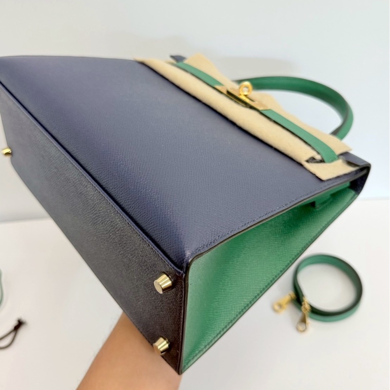 Hermes Kelly28 藍拼綠 金釦 馬蹄燙金 Epsom皮 全新-11