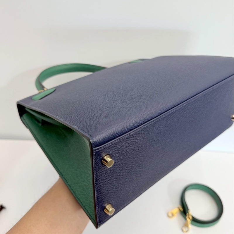 Hermes Kelly28 藍拼綠 金釦 馬蹄燙金 Epsom皮 全新-12