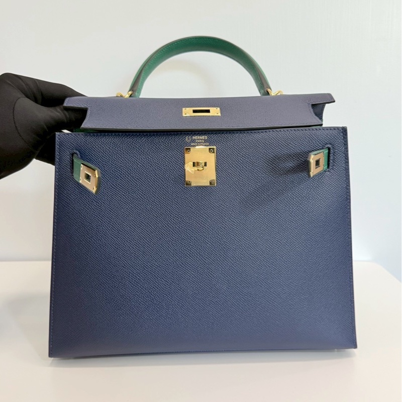 Hermes Kelly28 藍拼綠 金釦 馬蹄燙金 Epsom皮 全新-16