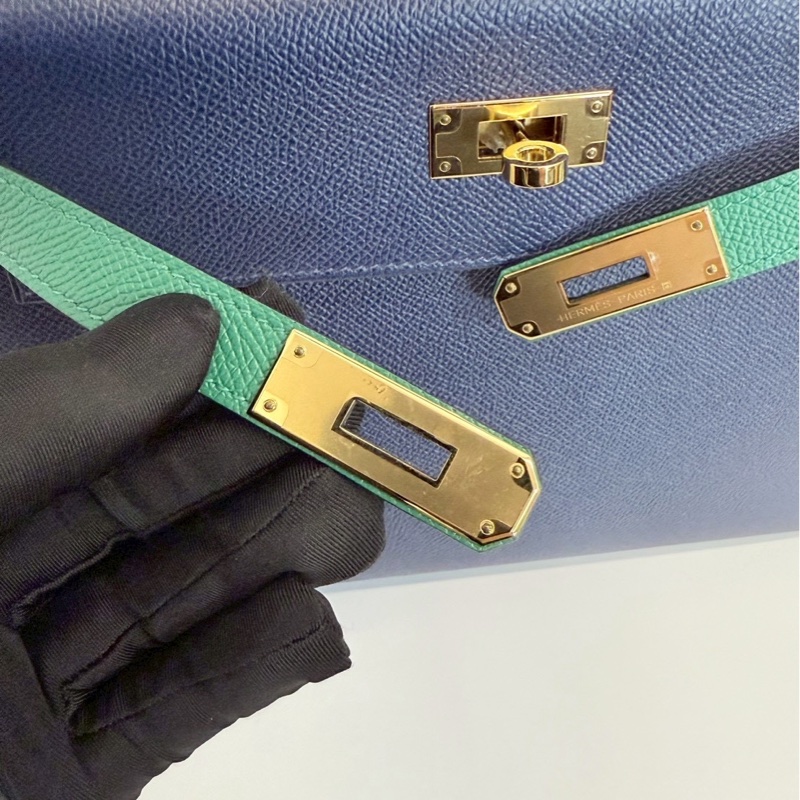 Hermes Kelly28 藍拼綠 金釦 馬蹄燙金 Epsom皮 全新-20