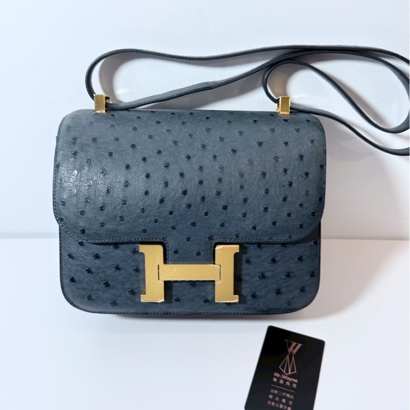 Hermes 康康24 鴕鳥皮 暴風藍 金釦-0