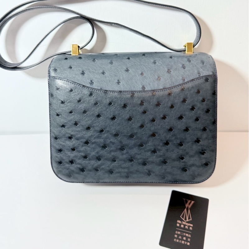 Hermes 康康24 鴕鳥皮 暴風藍 金釦-1