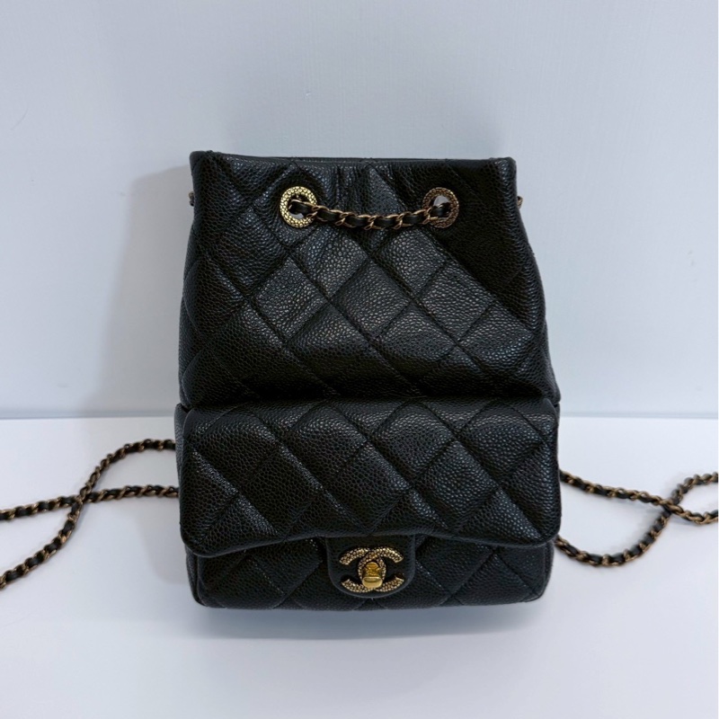 Chanel 24B 後背包 黑金 荔枝牛 晶片款 99新全配 臺灣離櫃-0