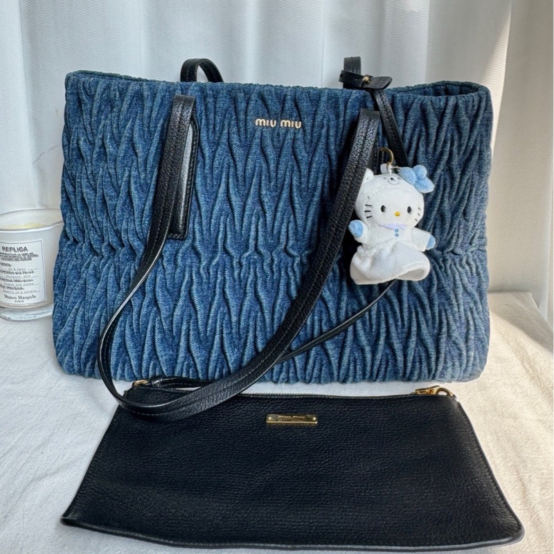 Miu Miu 牛仔褶皺子母托特單肩手提包 尺寸約33x24x15cm。-0
