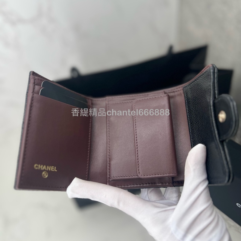 💗香緹國際精品💗 618 Chanel | 淡金荔枝牛短夾 極新 全配 台灣購證-4