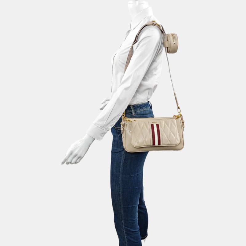 BALIY 托特包淺粉色羊皮印花絎縫單肩包斜挎包金色五金子袋2條可拆卸肩帶 9.8新-1