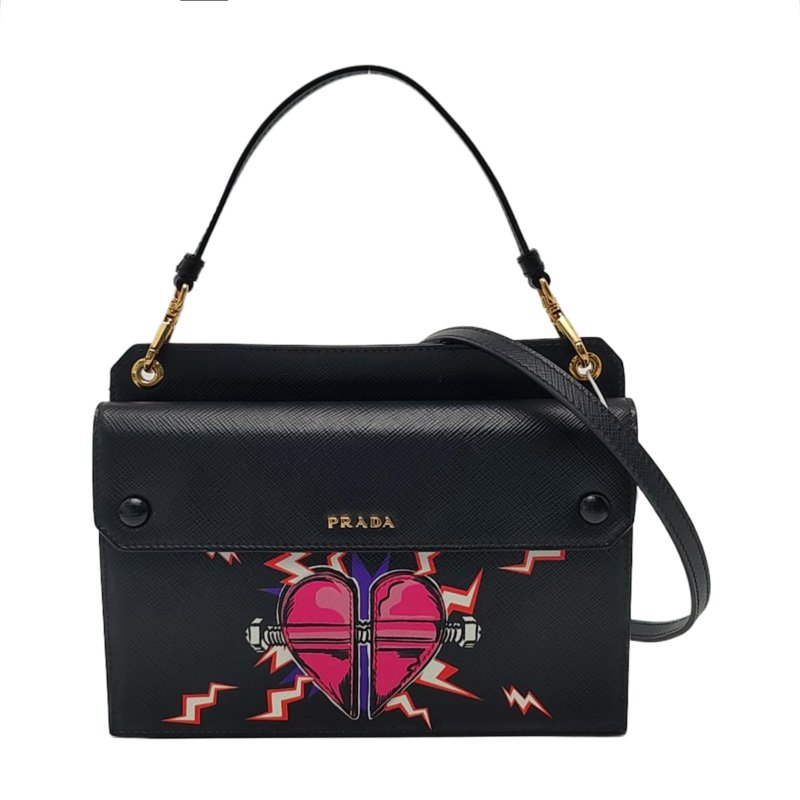 PRADA 黑色牛皮印花十字紋手提包單肩包斜挎包 金色五金 2條可拆卸肩帶 配件齊全 9.8新-0