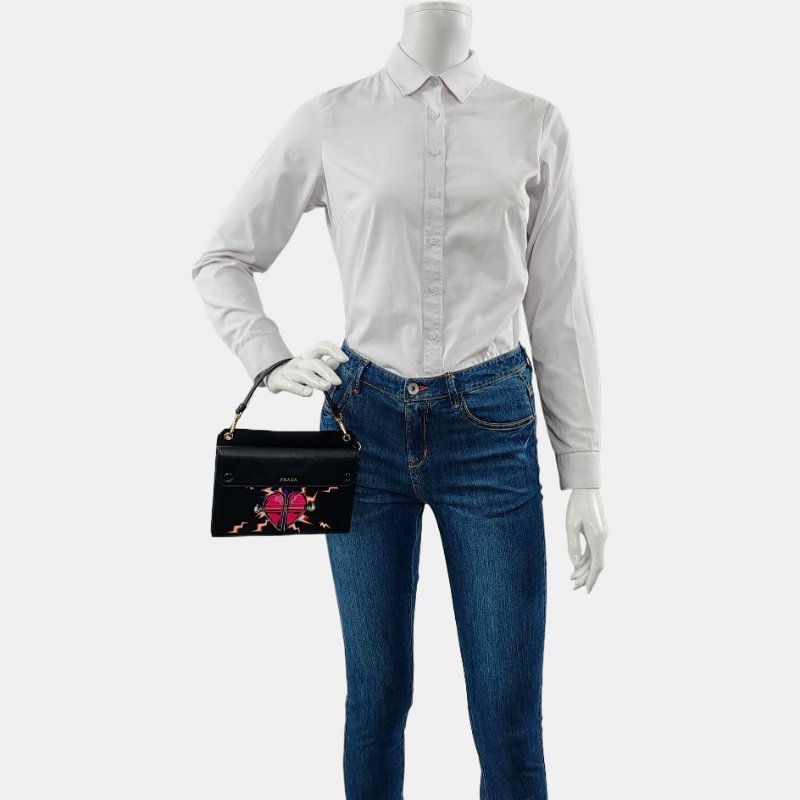 PRADA 黑色牛皮印花十字紋手提包單肩包斜挎包 金色五金 2條可拆卸肩帶 配件齊全 9.8新-1