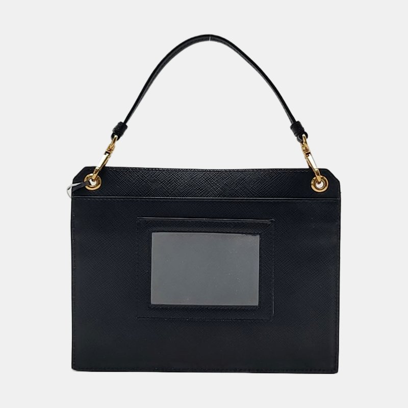 PRADA 黑色牛皮印花十字紋手提包單肩包斜挎包 金色五金 2條可拆卸肩帶 配件齊全 9.8新-4