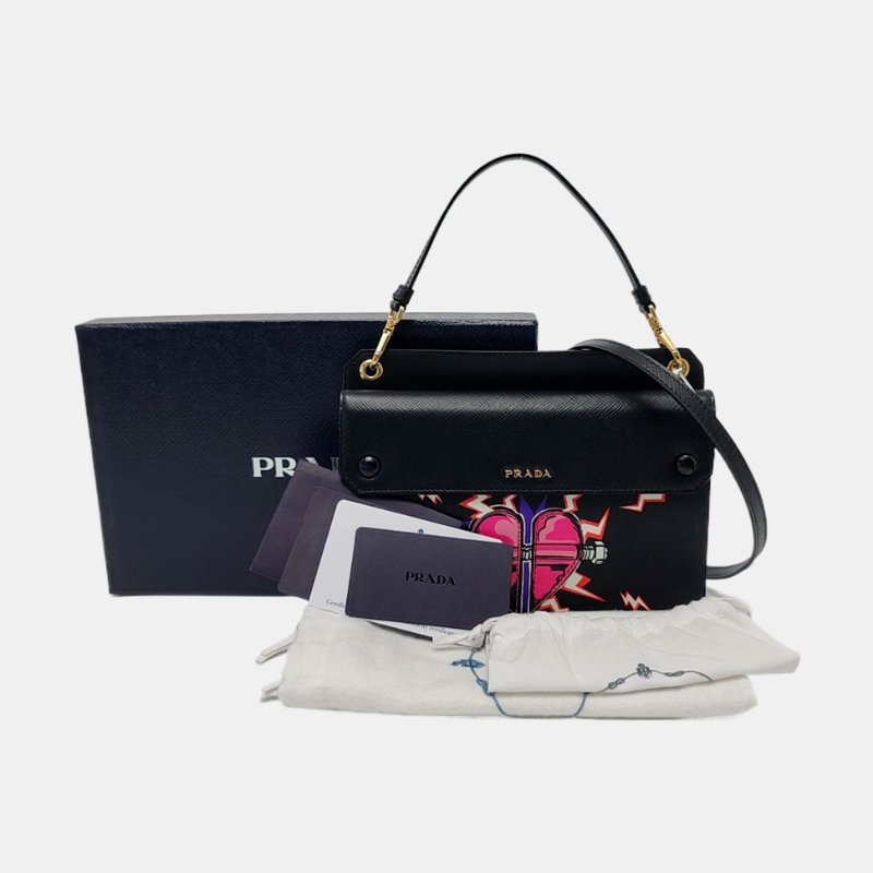 PRADA 黑色牛皮印花十字紋手提包單肩包斜挎包 金色五金 2條可拆卸肩帶 配件齊全 9.8新-7