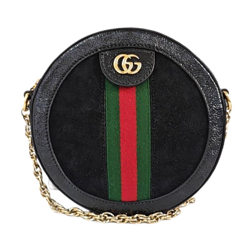 GUCCI Ophidia 迷你 黑色絨面革條紋織帶斜挎包單肩包 金色五金 9.8新-0