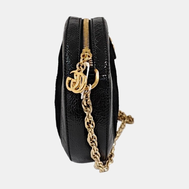 GUCCI Ophidia 迷你 黑色絨面革條紋織帶斜挎包單肩包 金色五金 9.8新-3