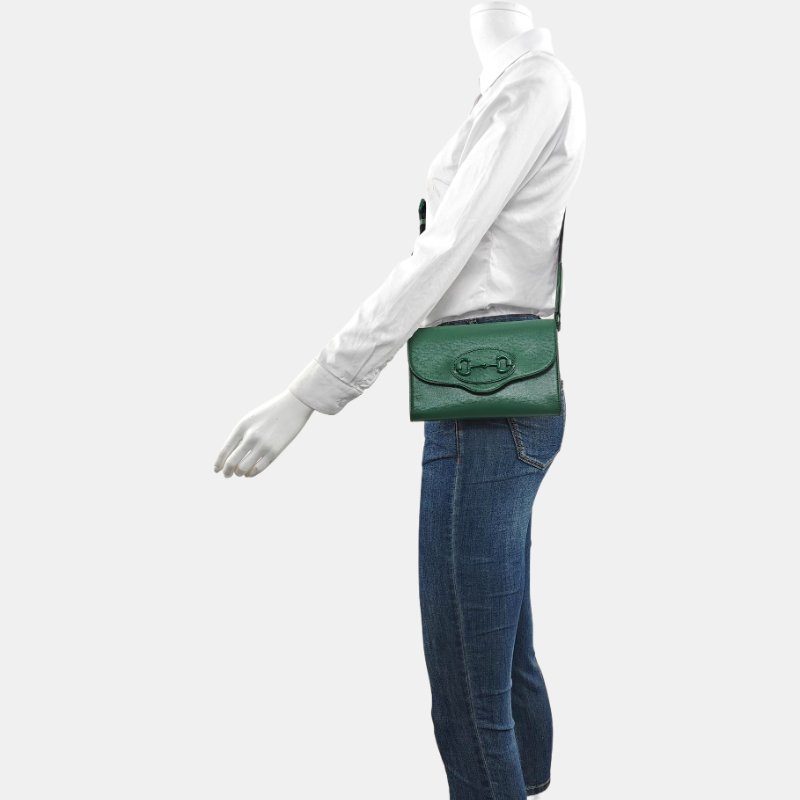 GUCCI Horsebit 1955 迷你綠色皮革馬銜扣單肩包斜挎包 綠色五金可拆卸肩帶 9.8新-1