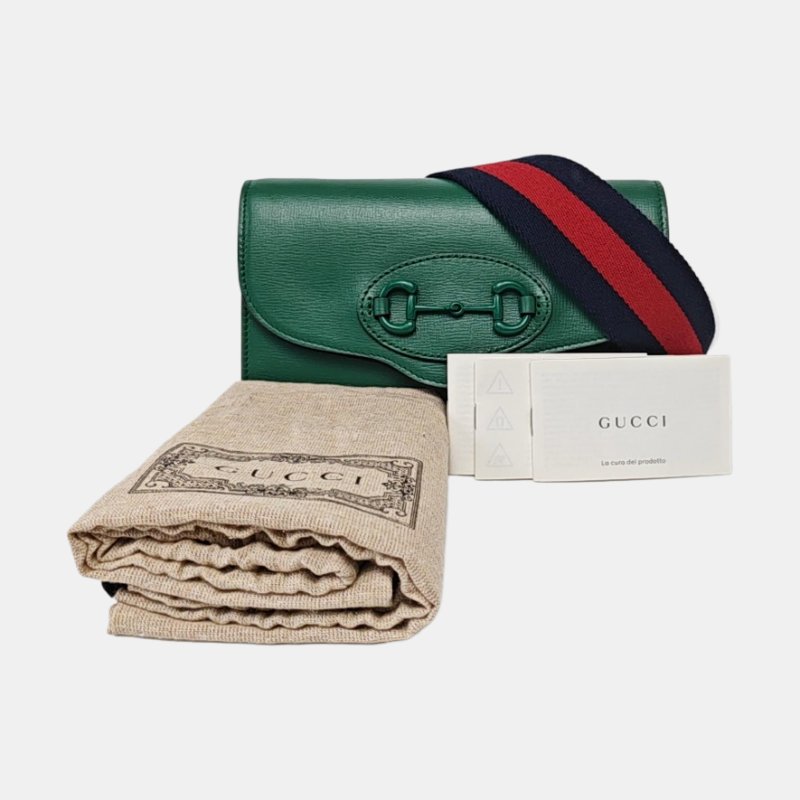 GUCCI Horsebit 1955 迷你綠色皮革馬銜扣單肩包斜挎包 綠色五金可拆卸肩帶 9.8新-7