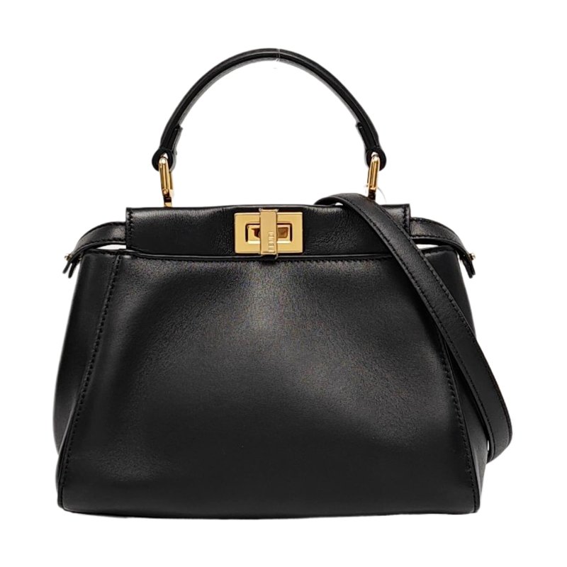 FENDI Peekaboo 迷你黑色羊皮單肩包 金色五金 可拆卸肩帶 9.8新-0