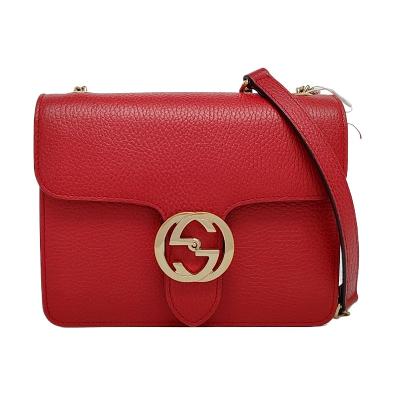 GUCCI Interlocking G 小號 紅色牛皮單肩包斜挎包 金色五金 9.8新-0