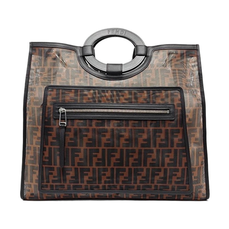 FENDI Runaway 棕色特殊材質雙F老花手提包 銀色五金-0