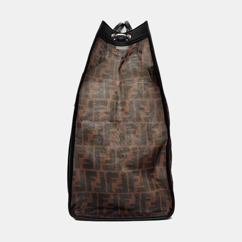 FENDI Runaway 棕色特殊材質雙F老花手提包 銀色五金-2