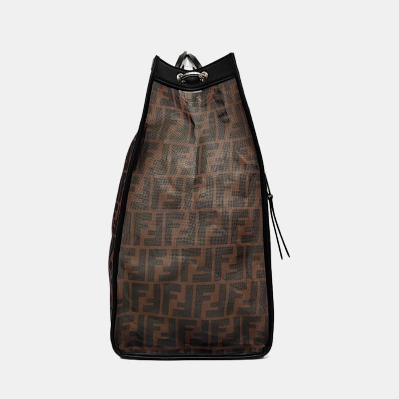 FENDI Runaway 棕色特殊材質雙F老花手提包 銀色五金-3