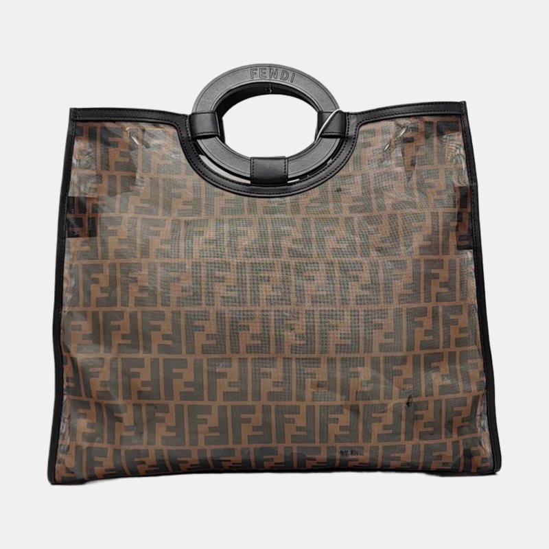 FENDI Runaway 棕色特殊材質雙F老花手提包 銀色五金-4