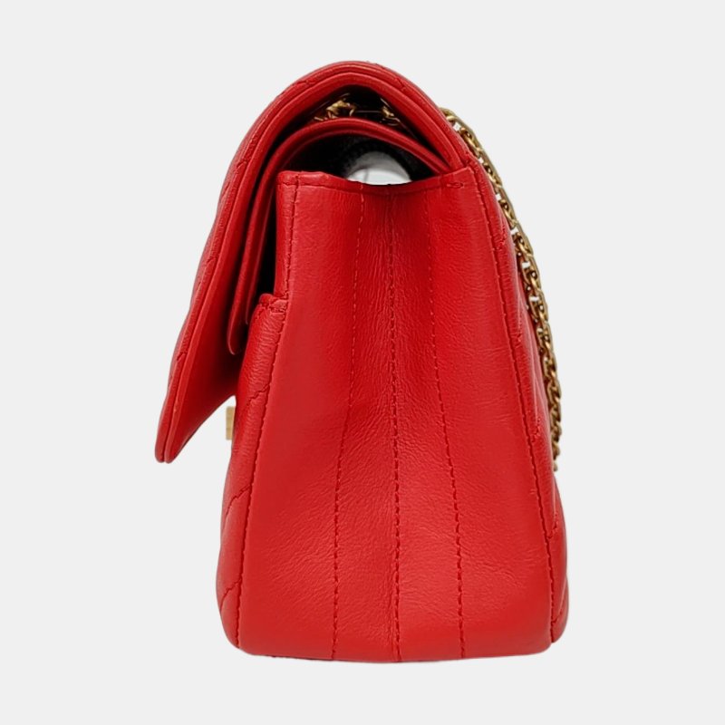 CHANEL 2.55 小號 紅色牛皮絎縫V紋斜挎包單肩包 金色五金 27開-2