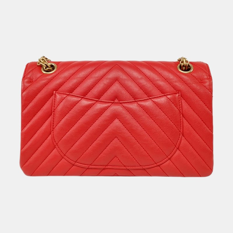 CHANEL 2.55 小號 紅色牛皮絎縫V紋斜挎包單肩包 金色五金 27開-4