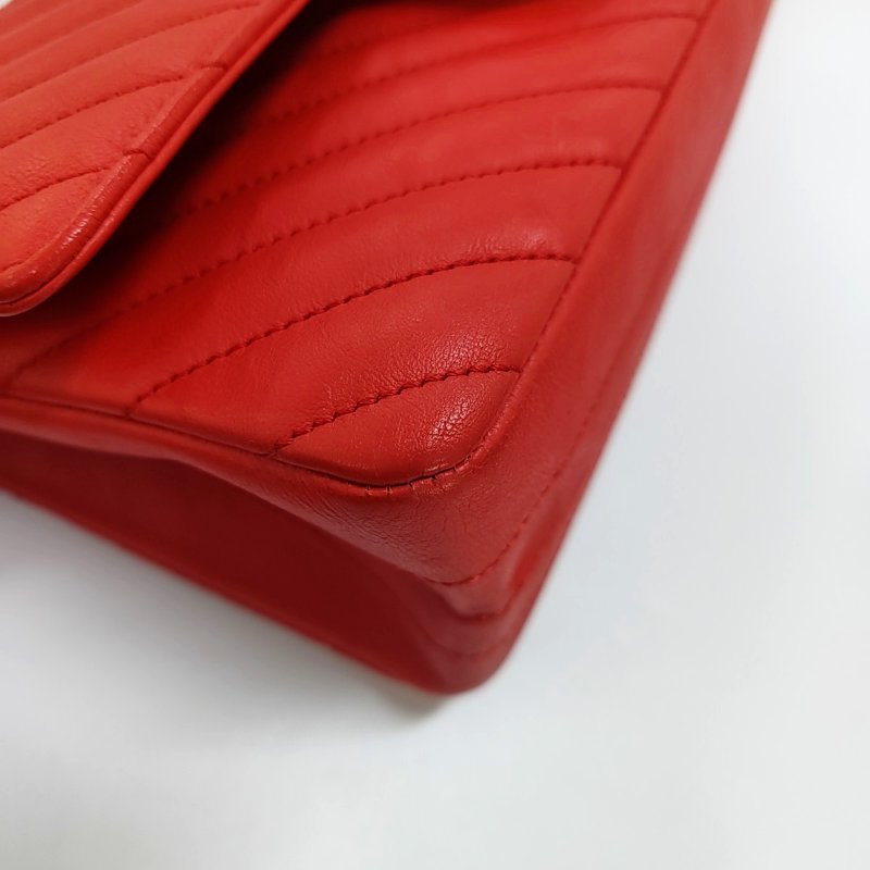 CHANEL 2.55 小號 紅色牛皮絎縫V紋斜挎包單肩包 金色五金 27開-10