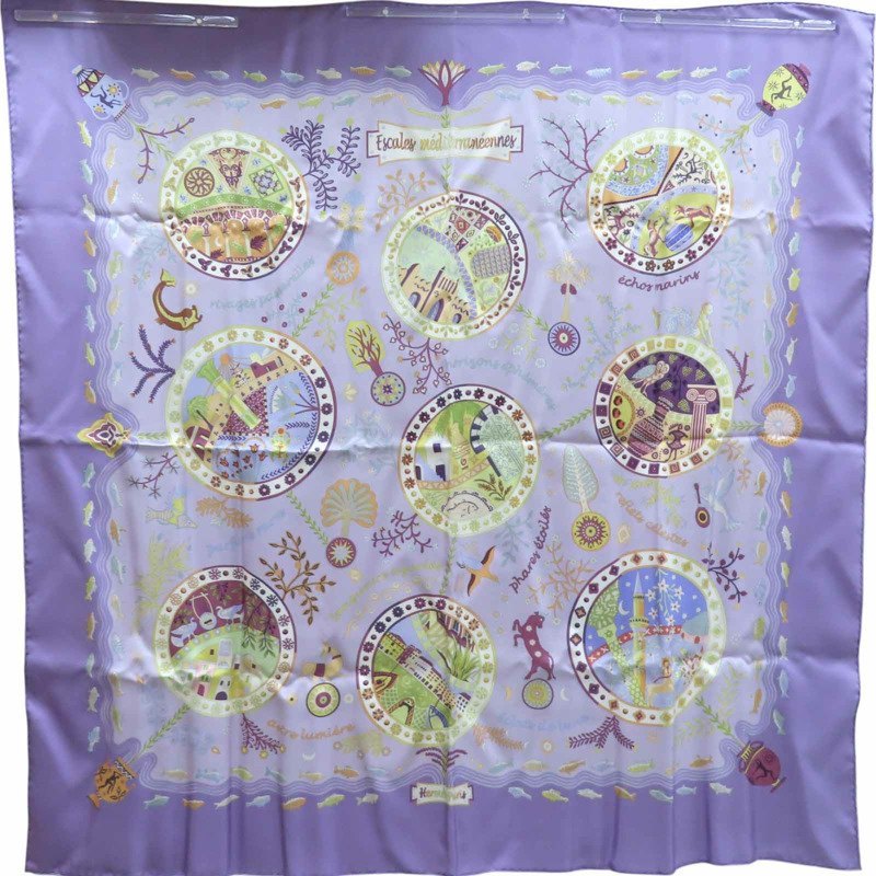 紫色 Escales Méditerranéennes 絲綢 絲巾 90x90【HERMES 愛馬仕】-0