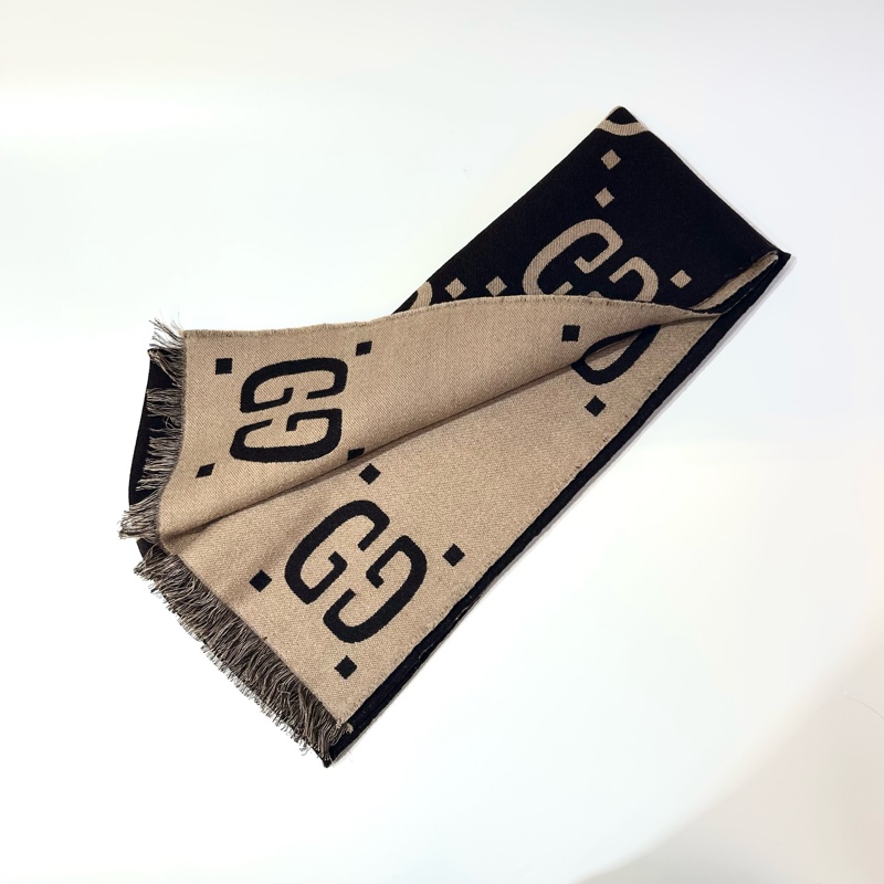GUCCI卡其深棕雙面GG緹花羊毛圍巾495592-1