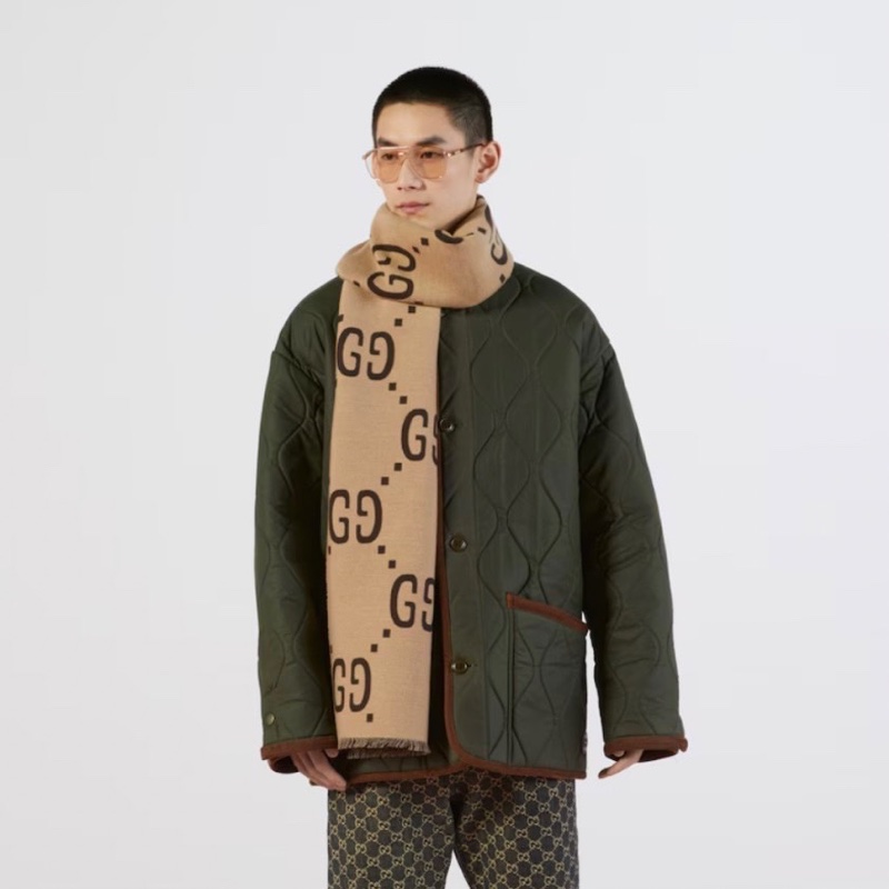 GUCCI卡其深棕雙面GG緹花羊毛圍巾495592-5