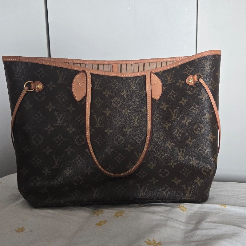 Louis Vuitton LV Neverfull 中號 老花 淺棕條紋內裡-0