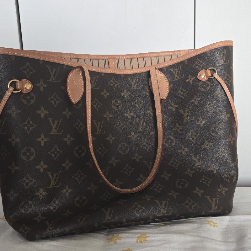 Louis Vuitton LV Neverfull 中號 老花 淺棕條紋內裡-5