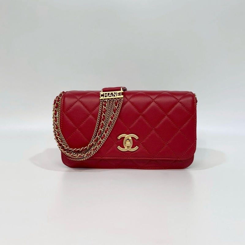 CHANEL紅色牛皮菱格鏈帶肩背包 AS2052-0