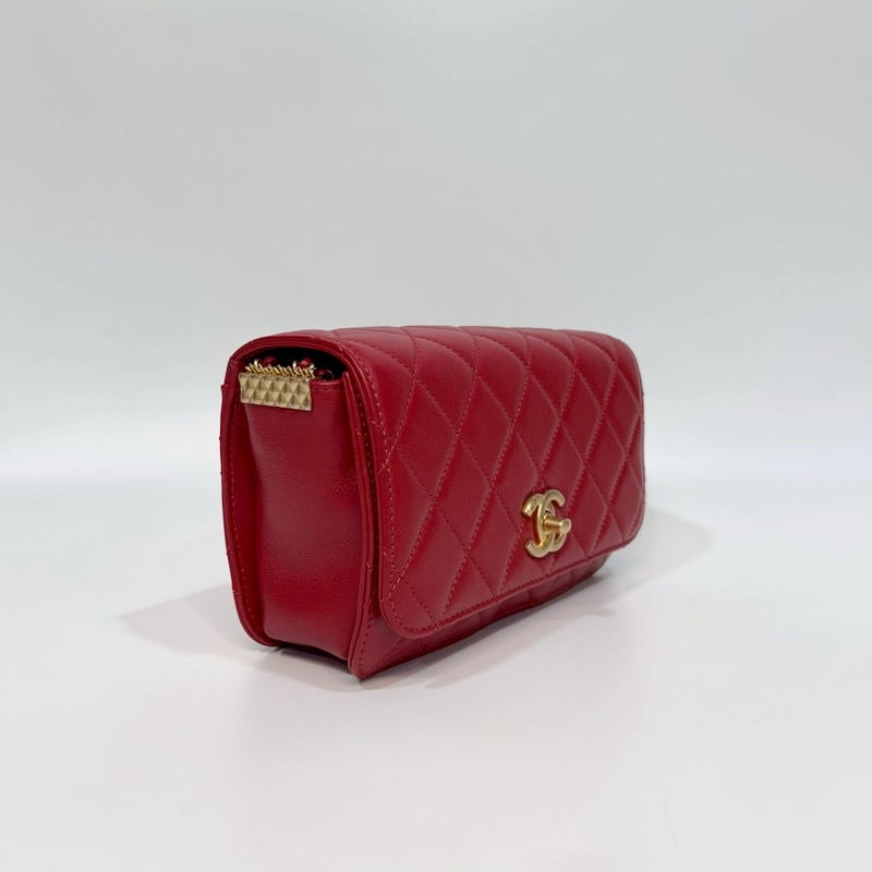 CHANEL紅色牛皮菱格鏈帶肩背包 AS2052-1