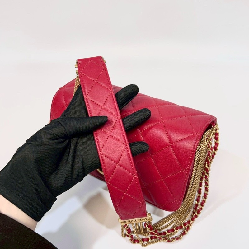 CHANEL紅色牛皮菱格鏈帶肩背包 AS2052-6