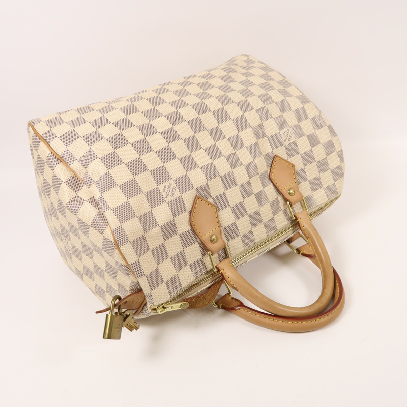 LOUIS VUITTON Damier Azur Speedy 30金扣手挽袋白色-7