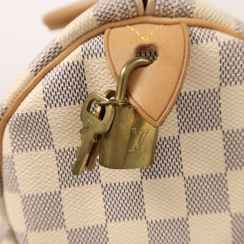 LOUIS VUITTON Damier Azur Speedy 30金扣手挽袋白色-14