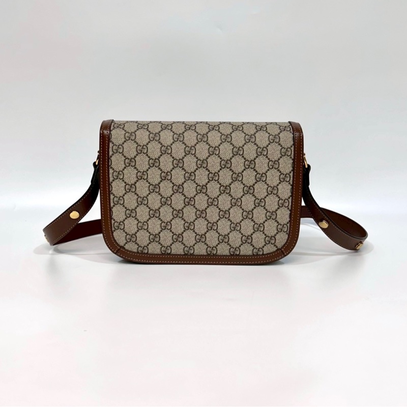 GUCCI包包烏木色牛皮拚老花馬銜扣1955肩側背包602204-1