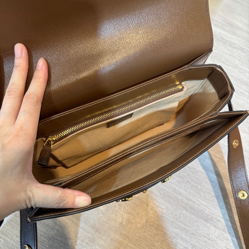 GUCCI包包烏木色牛皮拚老花馬銜扣1955肩側背包602204-6