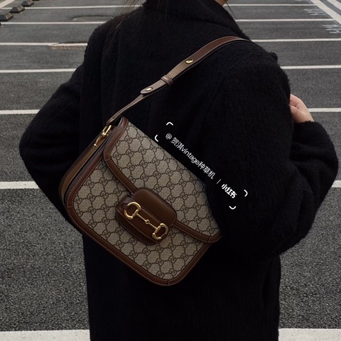 🆕古馳1955 烏木色牛皮拚老花 GUCC馬銜扣1955肩側背包602204