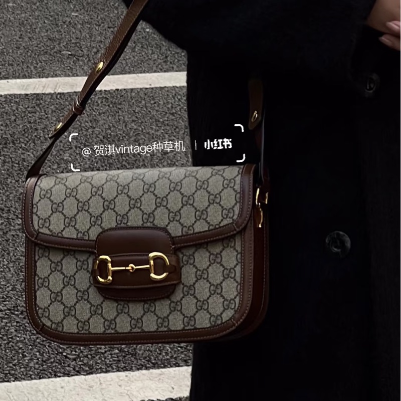 🆕古馳1955 烏木色牛皮拚老花 GUCC馬銜扣1955肩側背包602204-1