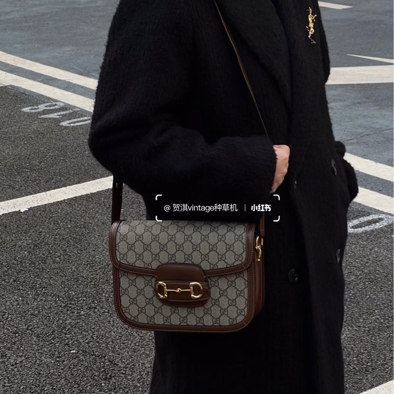 🆕古馳1955 烏木色牛皮拚老花 GUCC馬銜扣1955肩側背包602204-3
