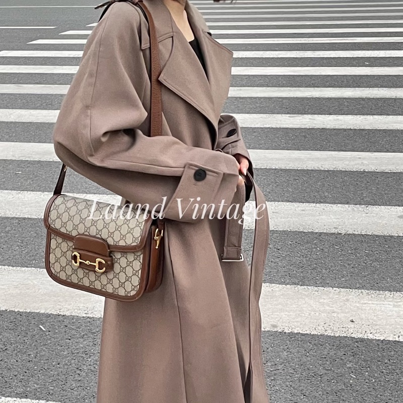 🆕古馳1955 烏木色牛皮拚老花 GUCC馬銜扣1955肩側背包602204-4