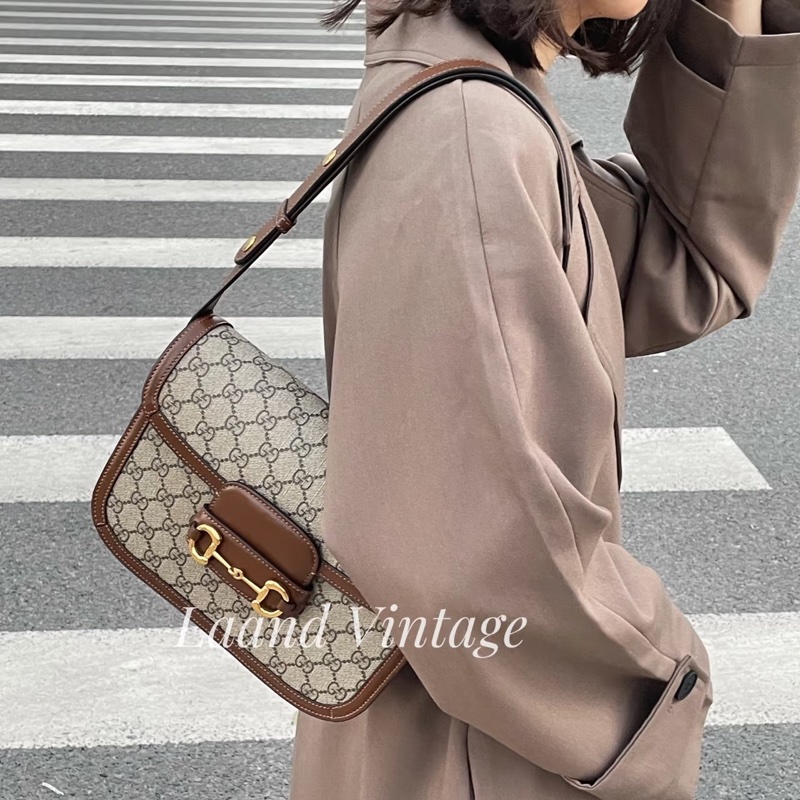 🆕古馳1955 烏木色牛皮拚老花 GUCC馬銜扣1955肩側背包602204-5