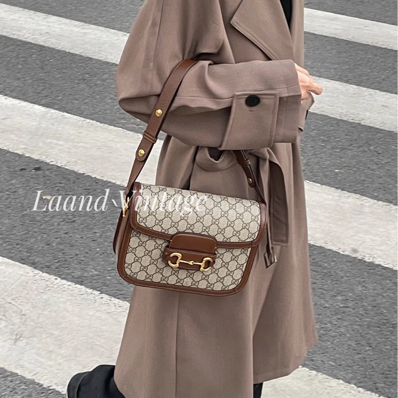 🆕古馳1955 烏木色牛皮拚老花 GUCC馬銜扣1955肩側背包602204-6