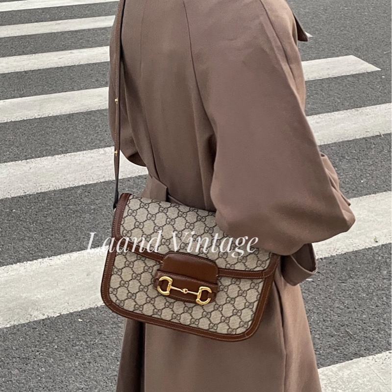 🆕古馳1955 烏木色牛皮拚老花 GUCC馬銜扣1955肩側背包602204-7