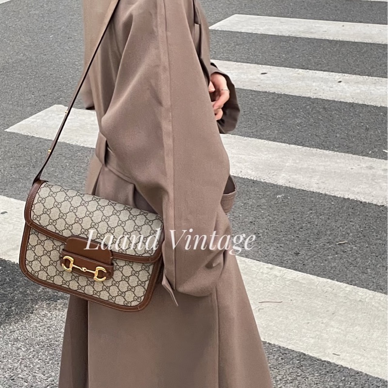 🆕古馳1955 烏木色牛皮拚老花 GUCC馬銜扣1955肩側背包602204-8