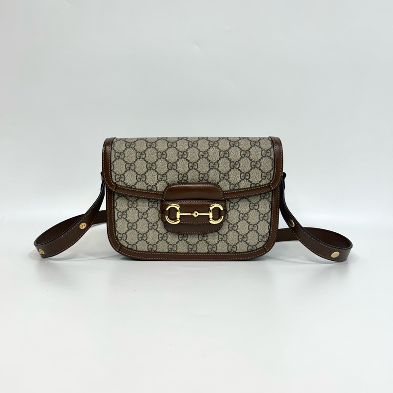 🆕古馳1955 烏木色牛皮拚老花 GUCC馬銜扣1955肩側背包602204-9