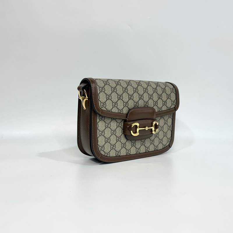 🆕古馳1955 烏木色牛皮拚老花 GUCC馬銜扣1955肩側背包602204-11