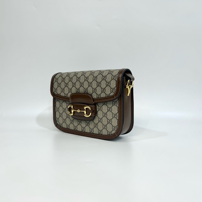 🆕古馳1955 烏木色牛皮拚老花 GUCC馬銜扣1955肩側背包602204-12